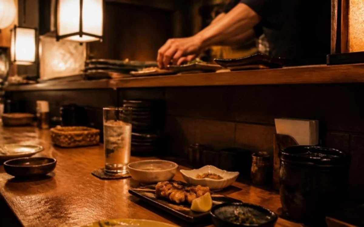 夜のあたたかい灯りの居酒屋カウンター
